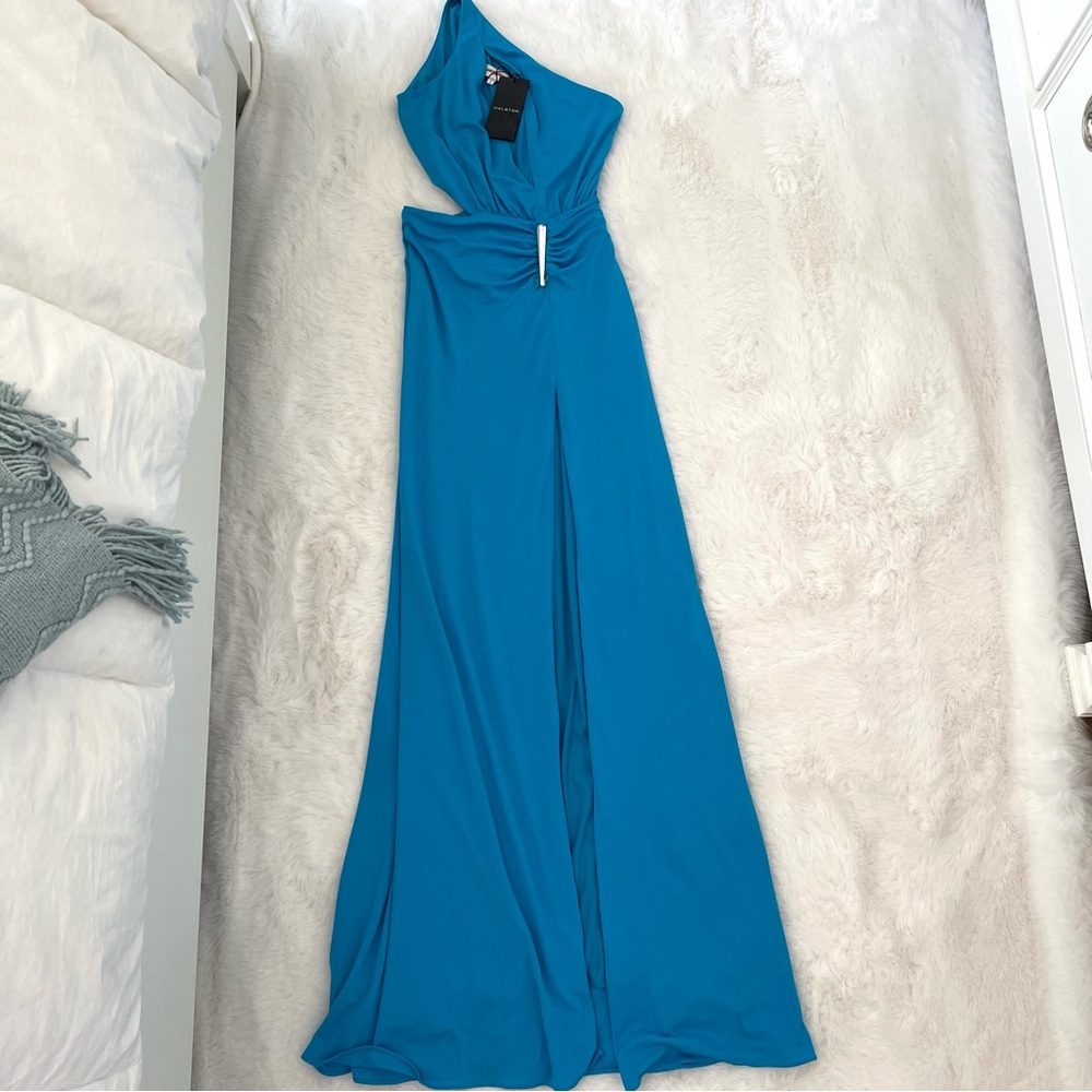 NWT Halston Ivanna Grecian Matte Jersey Aqua Turquoise Blue Formal Gown Dress - Picture 7 of 16